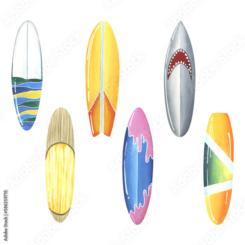 Photography Multicolored, bright surfboards in yellow, orange, grey, blue and pink