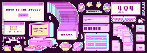 Big sticker set in trendy y2k style. Old computer aestethic. Retro pc elements, user interface. Nostalgia for 1990s -2000s. Glitch effect elements. Vector illustrations.