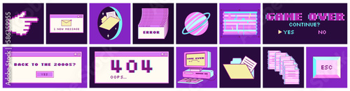 Big sticker set in trendy y2k style. Old computer aestethic. Retro pc elements, user interface. Nostalgia for 1990s -2000s. Vector illustrations.