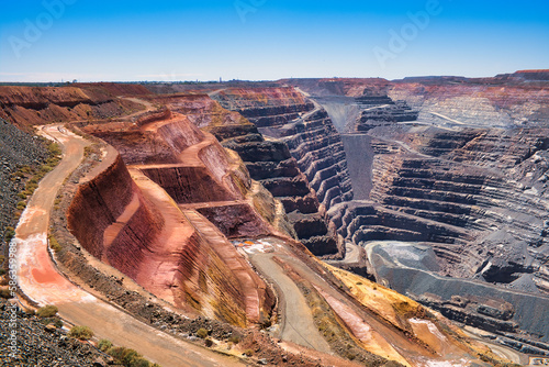 Inside the giant Super Pit or Fimiston Open Pit in Kalgoorlie, the largest open pit gold mine of Australia.  photo