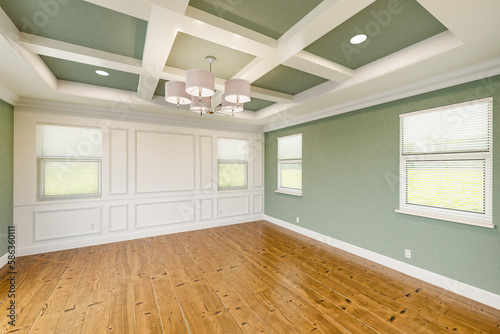 Beautiful Light Green Custom Master Bedroom Complete with Entire Wainscoting Wall, Fresh Paint, Crown and Base Molding, Hard Wood Floors and Coffered Ceiling photo