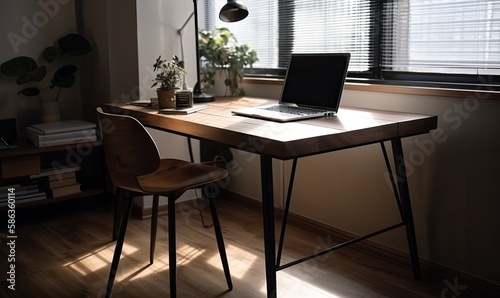 Table with laptop in home office interior, generative AI