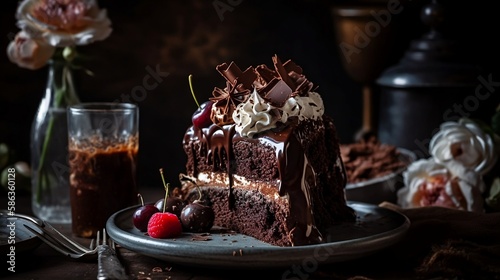 A slice of chocolate cake with ganache and whipped cream