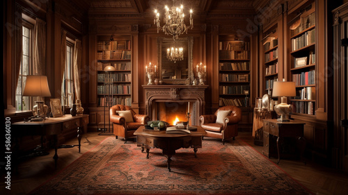 Traditional Library in an English Manor. Created with Generative AI.	