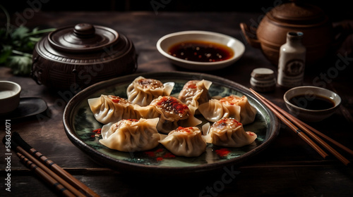 A plate of steaming hot dumplings with dipping sauce