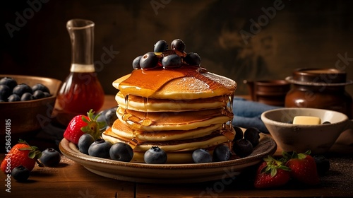 A stack of pancakes topped with butter and syrup, with blueberries and strawberries on the top and side