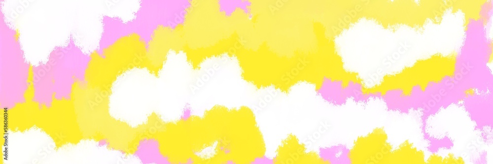 Colorful abstract painted background. White, yellow and pink spots. Brush stroked painting. Strokes of paint. 2D Illustration. Backdrop for poster or banner. Design for birthday party.