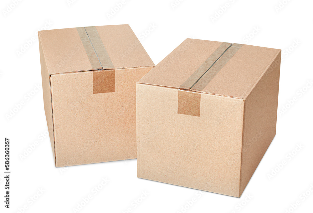 two closed cardboard boxes on a white isolated background two closed cardboard boxes on a white isolated background
