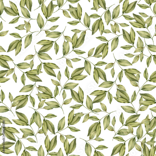 Floral seamless watercolor pattern - a composition of green leaves and branches on a white background. Perfect for wrappers, wallpapers, postcards, greeting cards, wedding invitations.