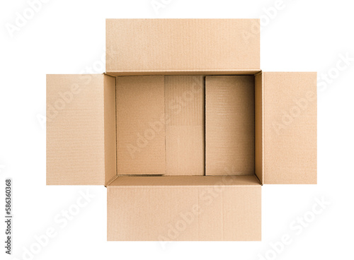 one open empty cardboard box on a white isolated background, top view