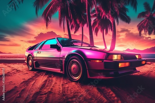 Synthwave sunset 80s car on beach with palm tree and tire tracks in sand.