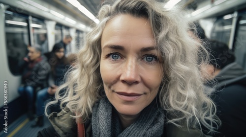 Attractive mature woman looking at the camera posing at the subway. Generative AI