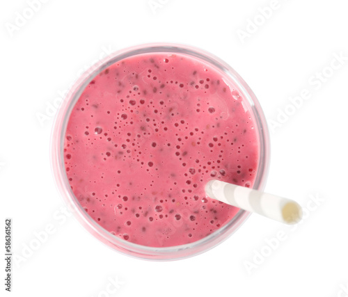 Glass of tasty pink smoothie with straw on white background