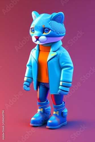 Cute isometric 3D image of humanoid cougar bright blue jacket, big gloves and boots - generative ai