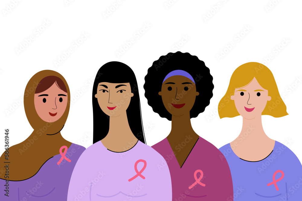 Mammary cancer.Illustration about breast cancer awareness and prevention concept. Multiracial women with pink ribbon symbol to support and fight for cancer health. Illustration on isolated background Mammary cancer.Illustration about breast cancer awareness and prevention concept. Multiracial women with pink ribbon symbol to support and fight for cancer health. Illustration on isolated background