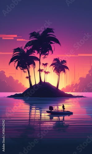 Synthwave style palm trees on an island with sun glowing behind as figures paddle by on small canoe