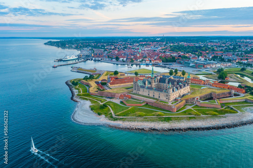 Panorama sunset view of the Kronborg castle at Helsingor, Denmark photo