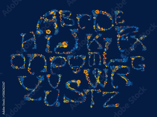 Decorative font. Alphabet set of initial letters from A to Z. Traditional Ukrainian Petrykivka painting. Elements of blue-yellow floral ornament. Typographic composition.