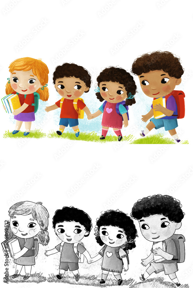 cartoon scene with school kids pupils together having fun learning on white background illustration for children cartoon scene with school kids pupils together having fun learning on white background illustration for children