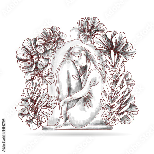 Vector illustration of philosophy, social phobia, female psychology. A woman hides under a glass dome. The concept of mental disorder, psychoanalysis and psychotherapy. Loneliness and self-isolation