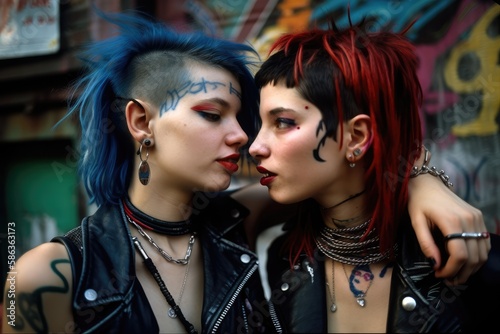 Portrait of two beautiful punk girls with colored dyed hair. Punk style. Kissing. Urban tribes. Generative AI