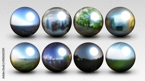 Realistic Chrome Ball Set, with Blurred HDRI, Vector Illustration