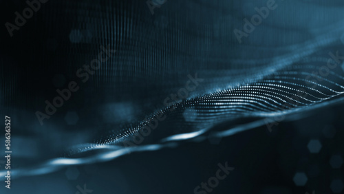 Microworld or sci-fi theme. 3d rendering background of glowing particles that form curved lines and 3d surfaces, grid with depth of field, bokeh. Blue dark bg