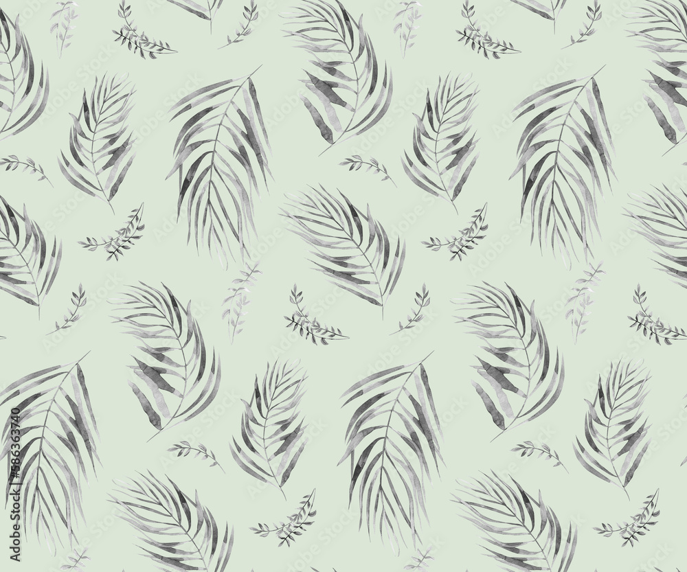 Monochrome watercolor seamless pattern with herbarium of flowers and tropical palm leaves Monochrome watercolor seamless pattern with herbarium of flowers and tropical palm leaves