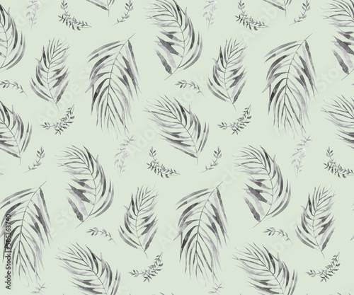 Monochrome watercolor seamless pattern with herbarium of flowers and tropical palm leaves