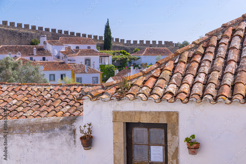 Castle wall behind homes in Obidos.