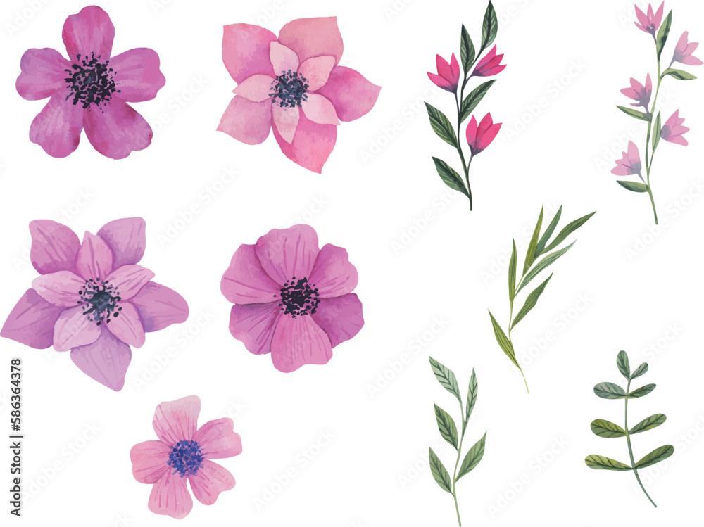 Set of beautiful hand drawn flowers in retro style. Hand drawn vector illustration