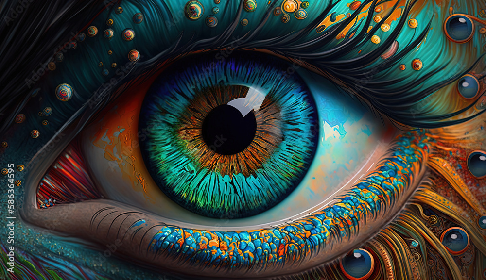 Human eye iris close up, colorful photorealistic detailed painting, psychedelic art