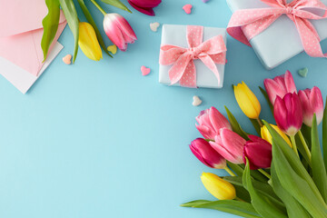 Top view photo of gift boxes bouquets of flowers yellow pink tulips envelope letter with colorful hearts baubles on isolated pastel blue background with empty space. Mother's Day celebration idea