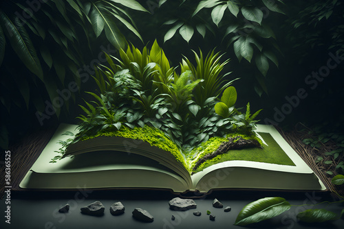 an open green book has forest secrets, a book of the jungle, generative ai 