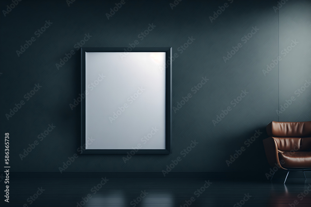 blank vertical frame billboard for advertising, mockup template on dark wall with light and leather armchair, generative ai
