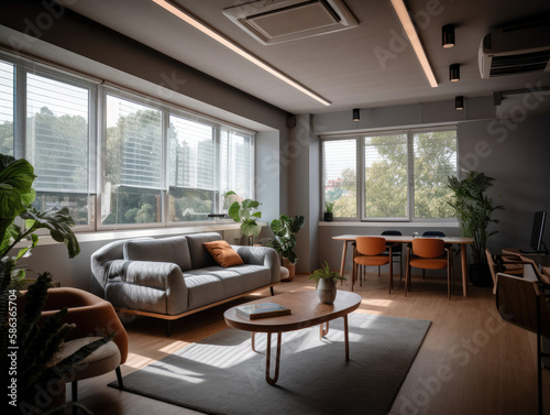 This office is designed to enhance creativity and productivity with its minimalist style, ample natural light, vibrant decor, and discreetly placed smart home technology. © FRAMEWORK