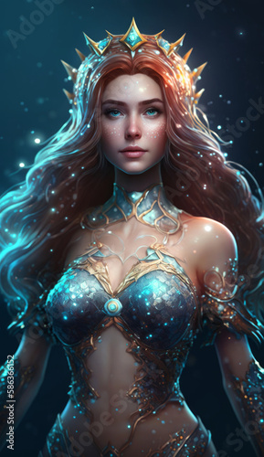 Portrait of a young mermaid girl, queen or princess of the seas in a sexy outfit in turquoise colors. Created with generative AI.