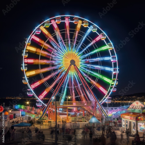 Colorful Carnival Ferris Wheel at Night in an Amusement Park
