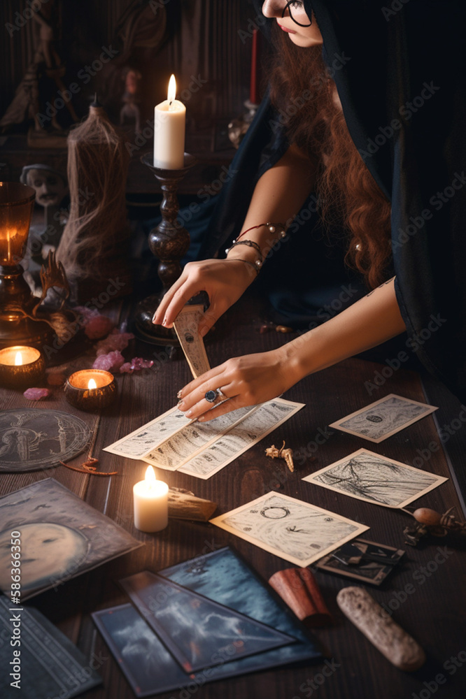 Fototapeta premium Witch woman using tarot cards for love spelling, divination and fortune telling. Generative AI