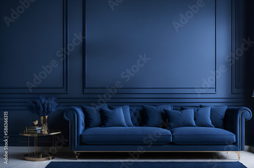 blue sofa in a living room on a blue wall, comfortable furniture interior design, generative ai 