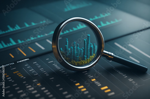magnifier on a modern city model, model of skyscrapers, real estate stock, investment concept, generative ai 