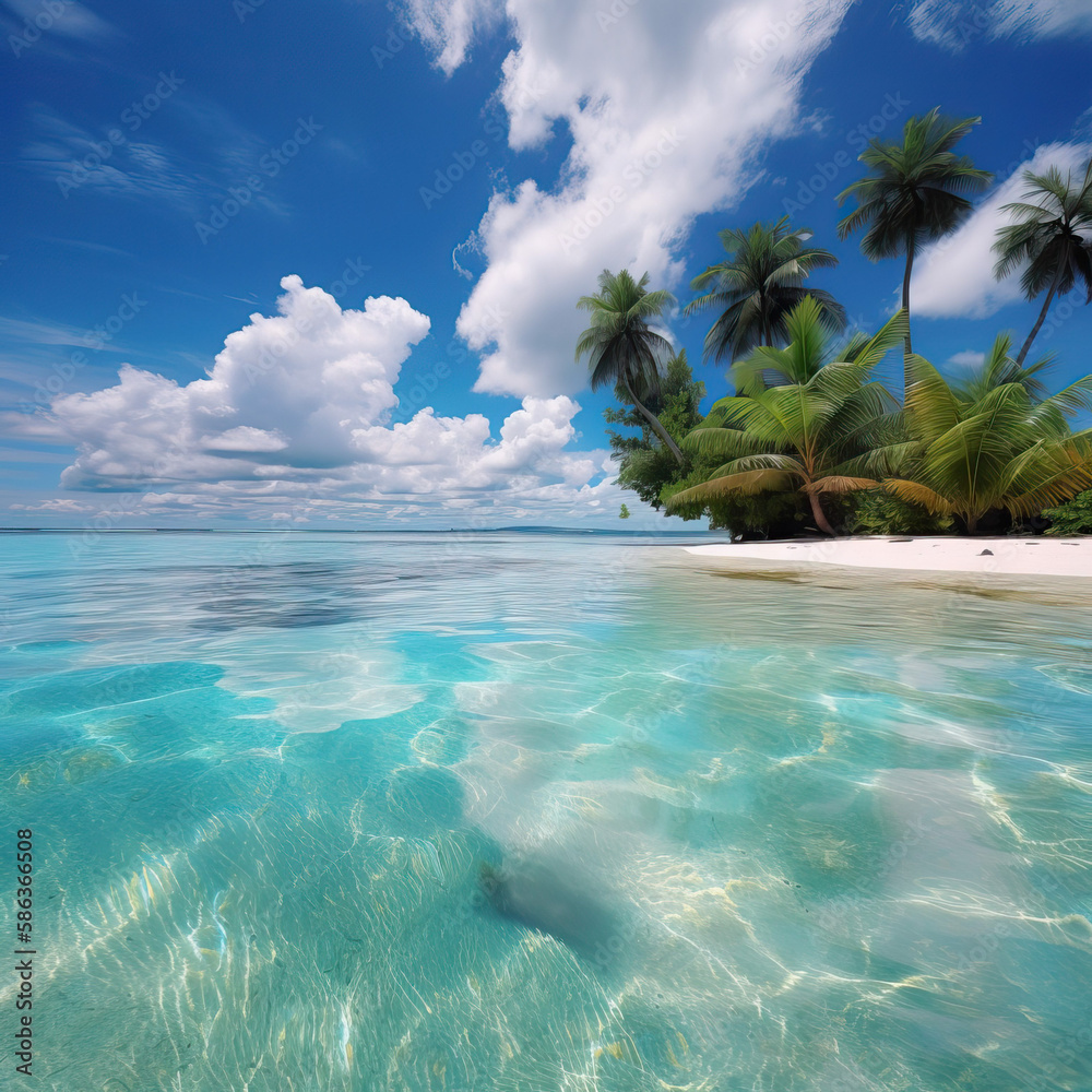 Beautiful tropical beach with white sand, palm trees, turquoise ocean against a blue sky with clouds on a sunny summer day. Perfect landscape backdrop for a relaxing holiday, island. generative AI
