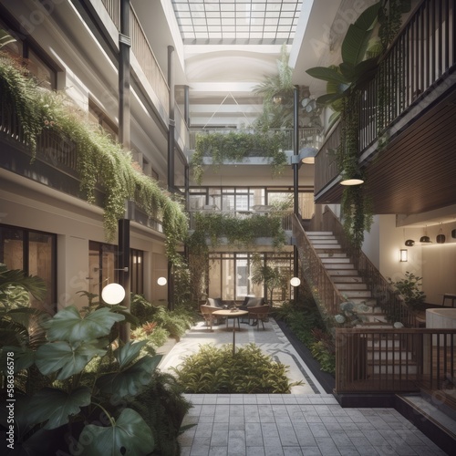 Serene Atrium with Soaring Ceilings and Lush Green Vegetation