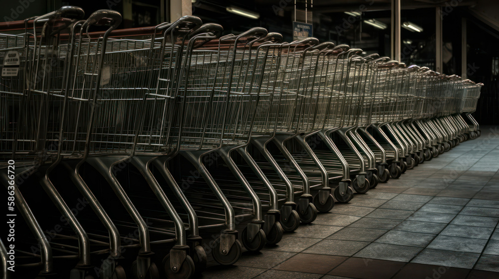 Fototapeta premium Row of carts standing inside the store before opening. generative AI