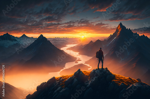 Wallpaper Mural hiker on the top of a mountain with a beautiful view of the sunset around mountains and sunrise, clouds, and rivers, freedom concept, generative ai Torontodigital.ca