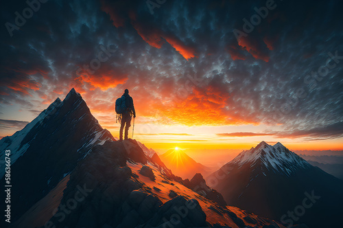 hiker on the top of a mountain with a beautiful view of the sunset around mountains and sunrise, and clouds, freedom concept, generative ai