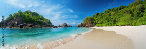 Beautiful tropical beach with white sand, palm trees, turquoise ocean against a blue sky with clouds on a sunny day. Perfect landscape backdrop for a relaxing holiday, island. banner.generative AI