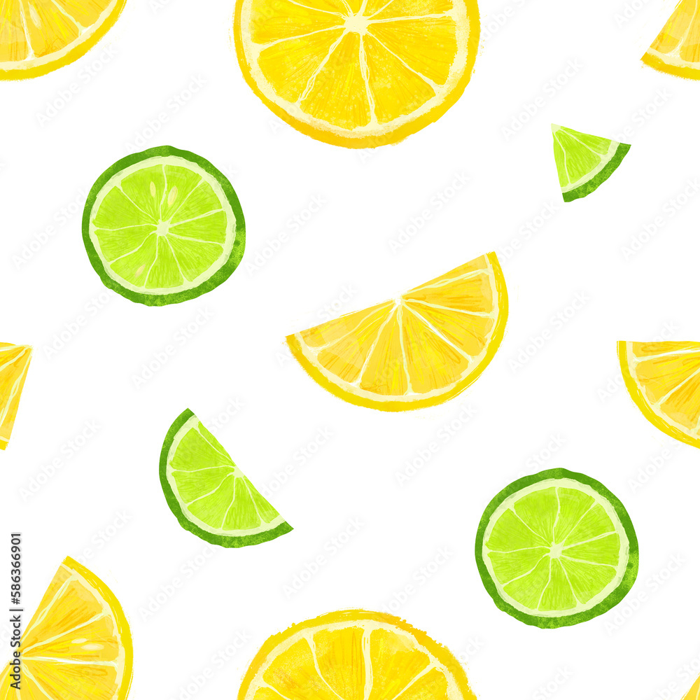 Citrus pattern. Slices of lemon and lime isolated on white background. Seamless design. Hand drawn illustration