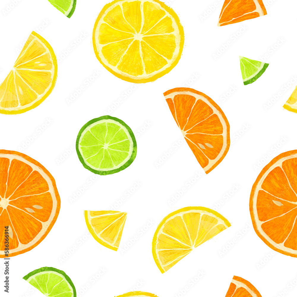 Citrus pattern. Slices of lemon, lime and orange isolated on white background. Seamless design. Hand drawn illustration Citrus pattern. Slices of lemon, lime and orange isolated on white background. Seamless design. Hand drawn illustration