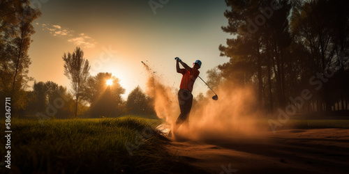 Golfer sport swing action at sunset in sand trap playground illustration. Generative AI photo